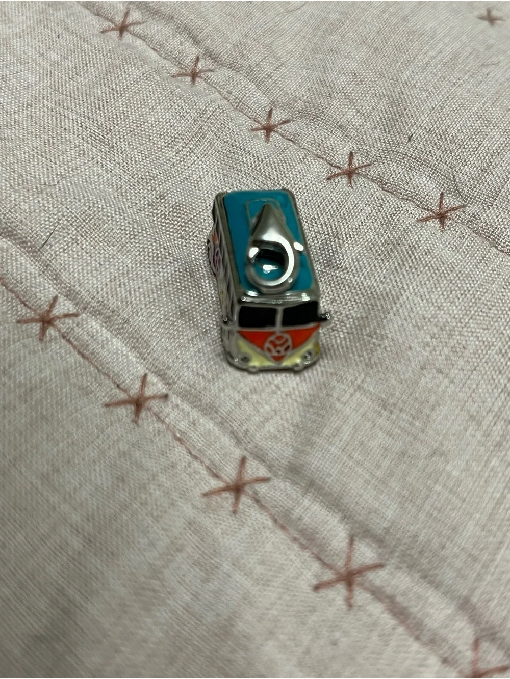 Decorative Silver Tone Van Charm with Multicolor Floral Accents 925
